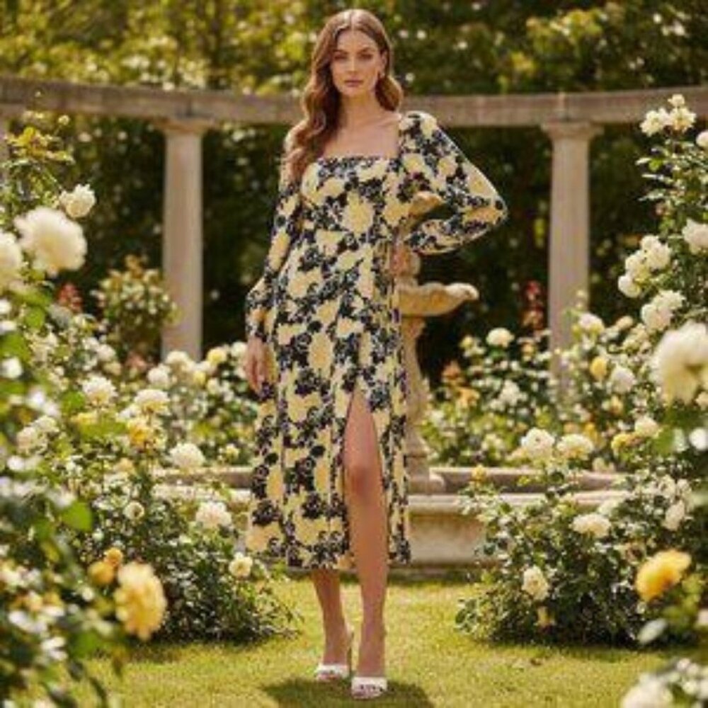 ASTR The Label Black & Yellow Floral Long Sleeve Midi Dress – Size S